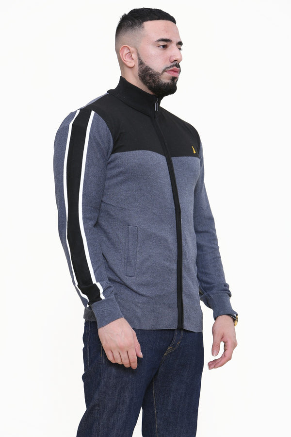 Mens Charcoal And Black Colourblock Zip Up Jumper 