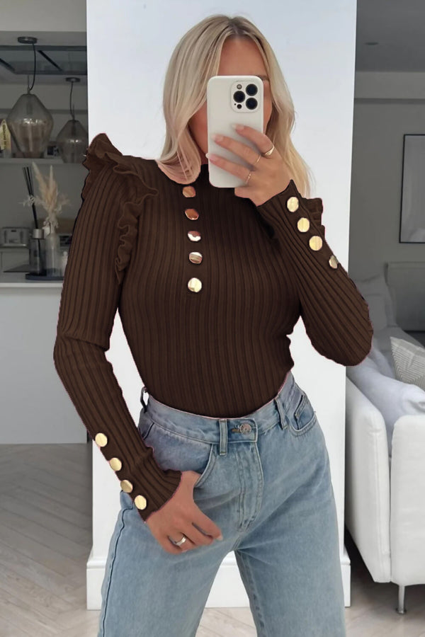 Brown Knitted Frill Sleeve Gold Button Jumper Top