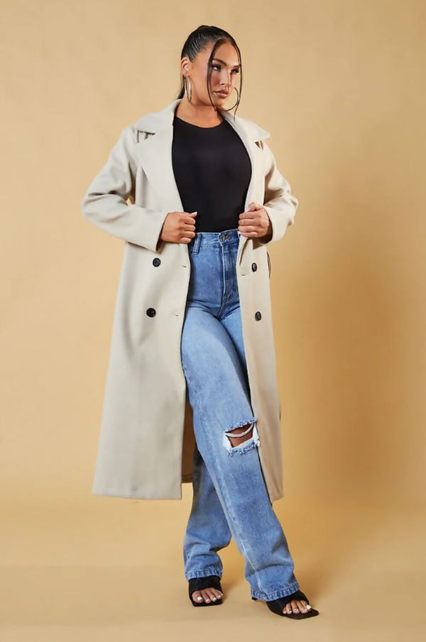 Beige Duster Double Breasted Wool Look Long Coat