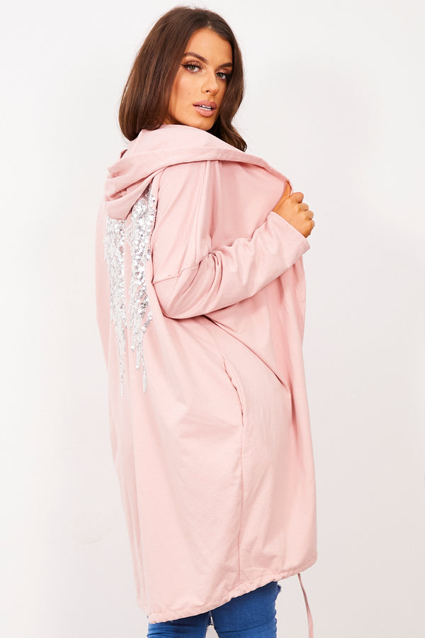 Dusty Pink Sequin Angel Wings Hooded Cardigan