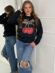 Black Leopard Print Bow Cherry Relaxed Sweatshirt