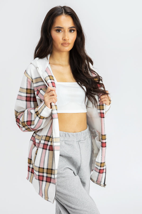 Fuchsia Check Shacket with Hood 