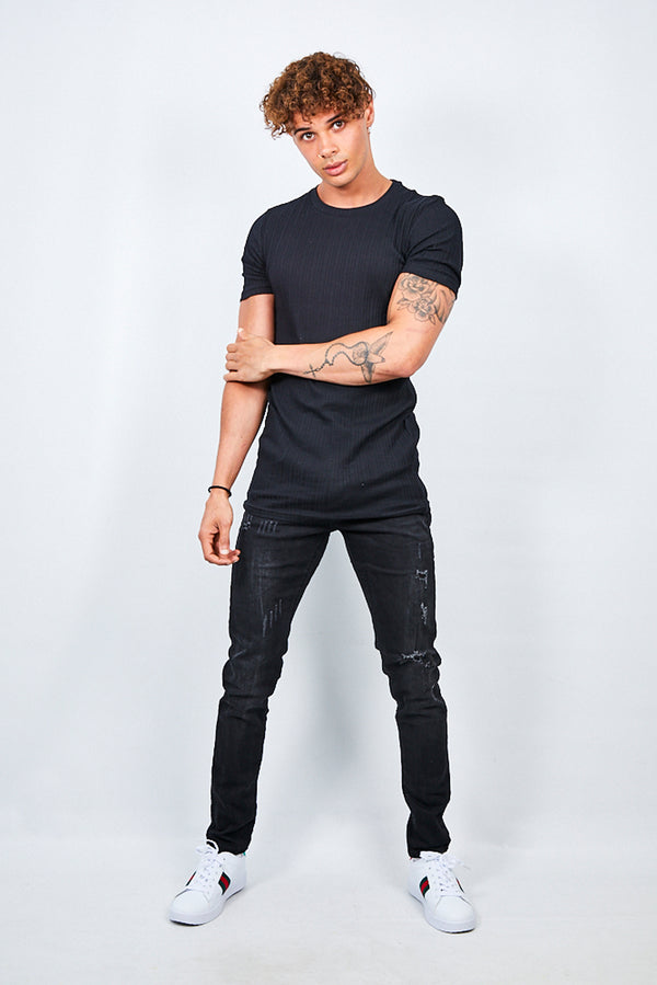 Mens Black Ribbed Detail T-Shirt