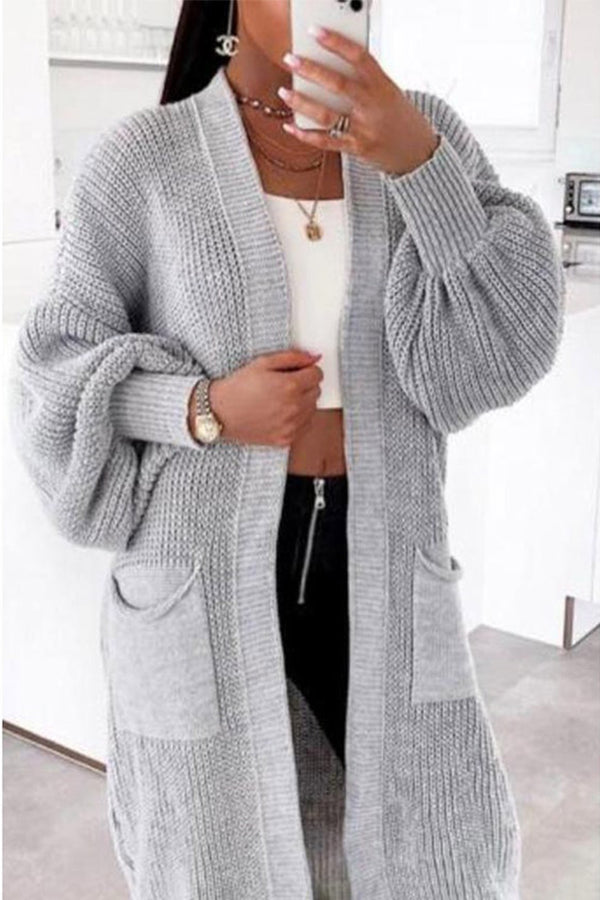 Light grey longline balloon sleeve knitted cardigan