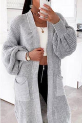 Light grey longline balloon sleeve knitted cardigan