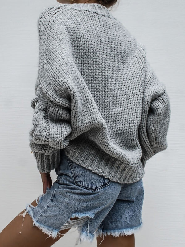 Grey Braided Sleeve Chunky Knitted Jumper