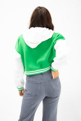 Green Hooded Contrast Sleeve Letter A Varsity Jacket