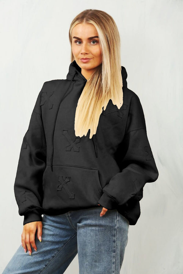 Black Statement Oversized Hoodie with Cross Embroidery