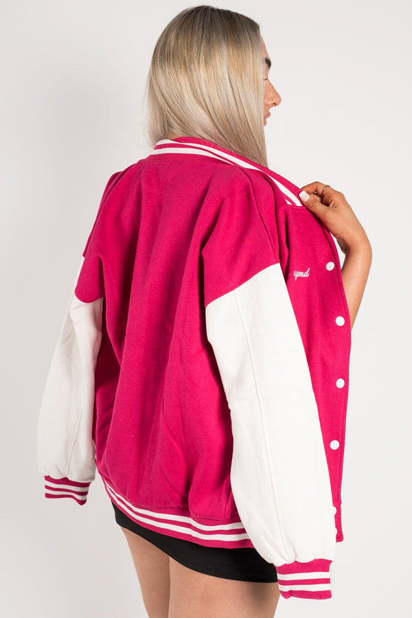 Hot Pink Contrast Sleeve Letter A Varsity Jacket