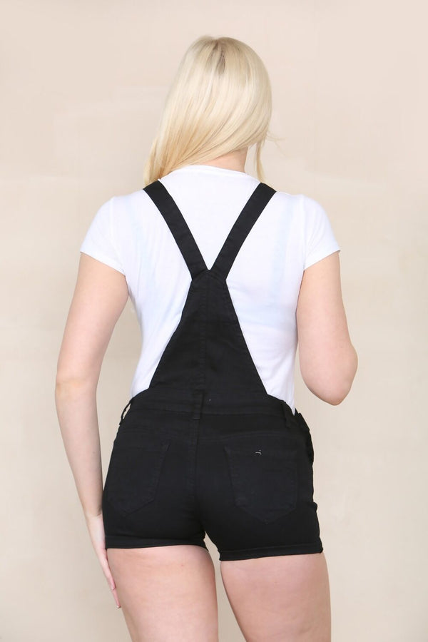 Black Denim Roll Up Hem Short Dungarees