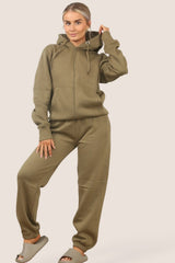 Khaki Zip-Up Hoodie With High-Waisted Cuffed Jogger