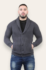 Charcoal Mens Shawl Neck Button Up Half Stitch Cardigan-Copy-Copy