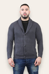 Charcoal Mens Shawl Neck Button Up Half Stitch Cardigan-Copy-Copy