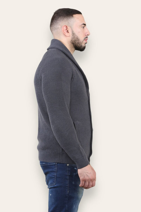 Charcoal Mens Shawl Neck Button Up Half Stitch Cardigan-Copy-Copy