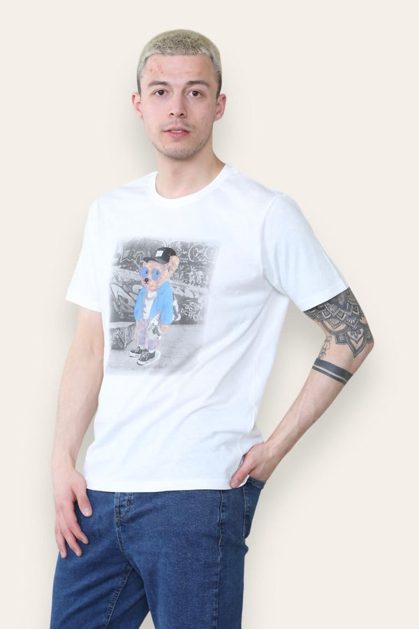 Mens Cream Skate Bear Printed T-Shirt