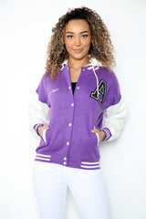 Lilac Contrast Sleeve Hooded Varsity Jacket