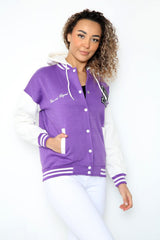 Lilac Contrast Sleeve Hooded Varsity Jacket
