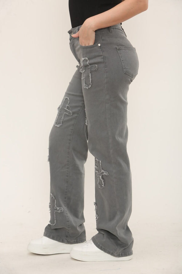 Grey Distressed Wide Leg Jeans with Cross Patch Detail