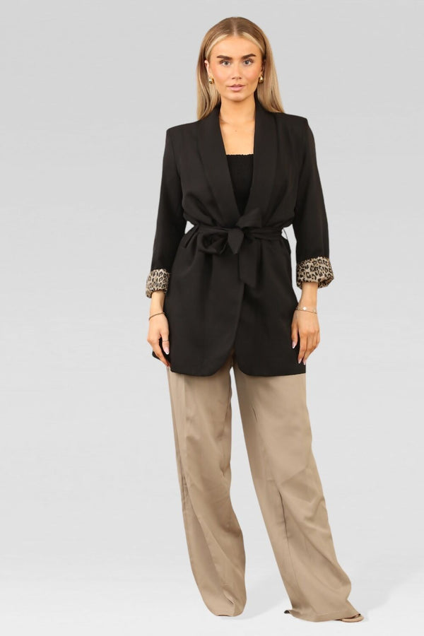 Black Leopard Cuff Print Belted Shawl Collar Blazer Jacket