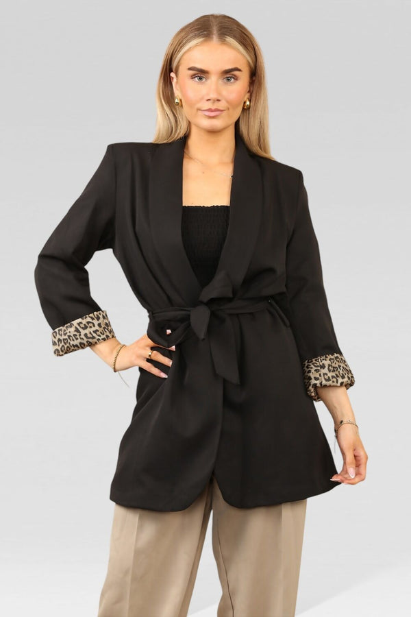 Black Leopard Cuff Print Belted Shawl Collar Blazer Jacket