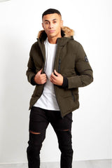 Mens Khaki Faux Fur Hood Puffer Jacket