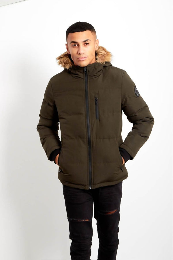 Mens Khaki Faux Fur Hood Puffer Jacket