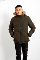 Mens Khaki Faux Fur Hood Puffer Jacket