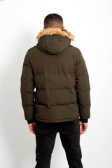 Mens Khaki Faux Fur Hood Puffer Jacket