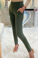 Khaki High Waist Double Band Pocket Jeggings