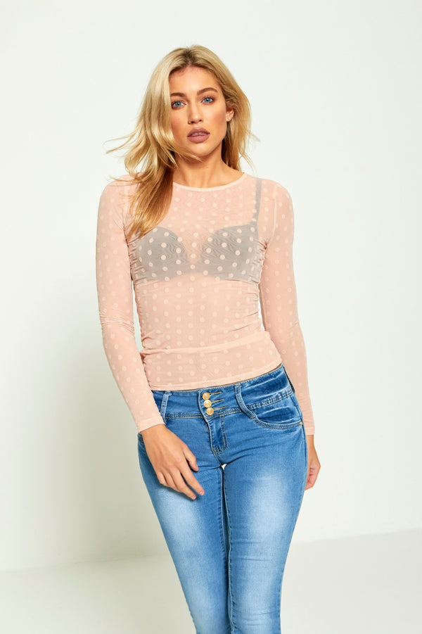 Pink Polka Dot Mesh Long Sleeve Top