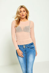 Pink Polka Dot Mesh Long Sleeve Top