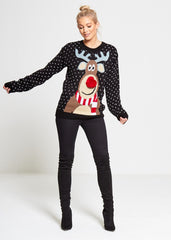 Plus Size Black Rudolph Christmas Jumper With Pom Pom Detail