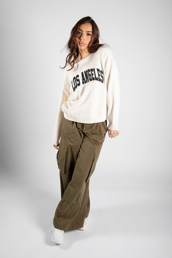 Khaki Wide Leg Cargo Trousers With Drawstring Waist 