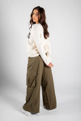 Khaki Wide Leg Cargo Trousers With Drawstring Waist 