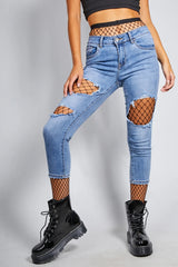 Edgy Ripped Skinny Jeans with Fishnet Layer
