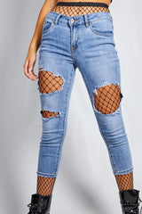 Edgy Ripped Skinny Jeans with Fishnet Layer