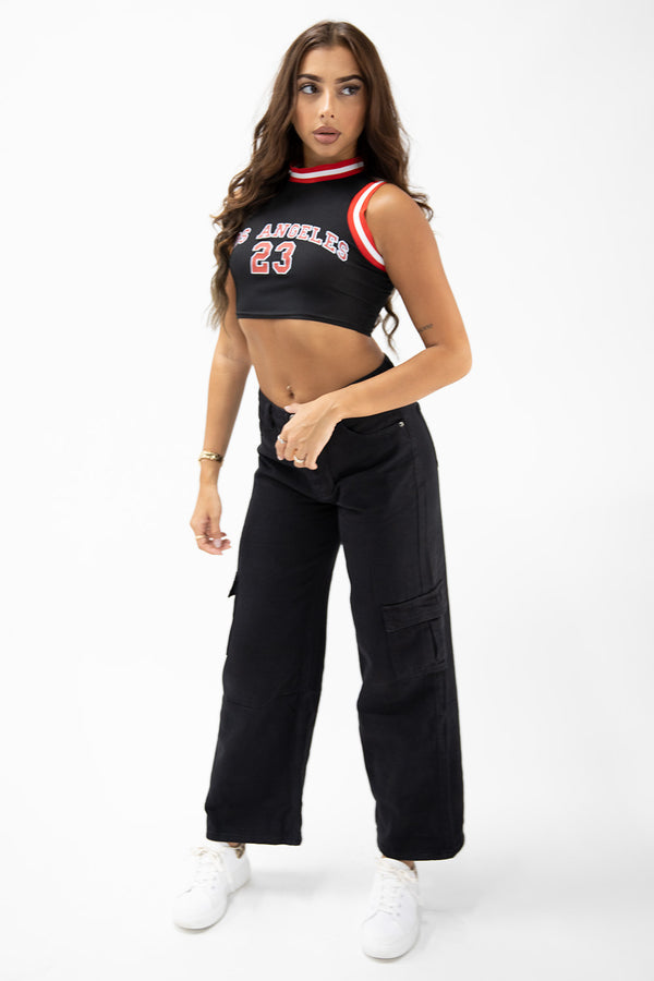 Black Cropped Ribbed Racerback Varsity Vest