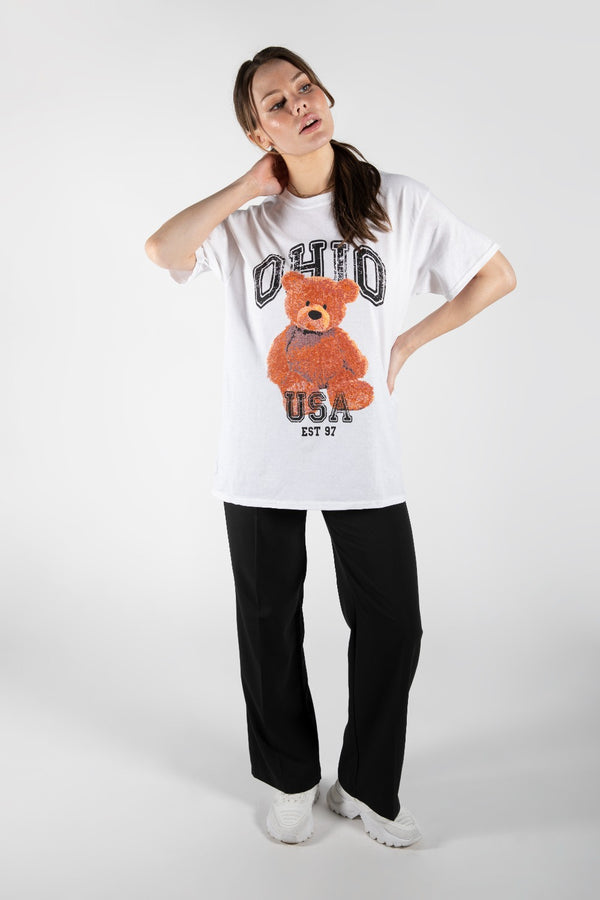 White Ohio Teddy Graphic Printed Oversized T-Shirt