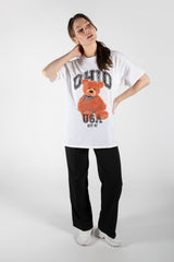 White Ohio Teddy Graphic Printed Oversized T-Shirt