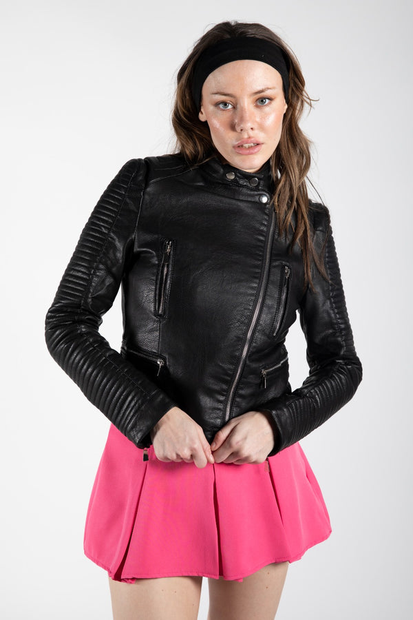 Black Quilted Sleeve Faux Leather Biker Jacket
