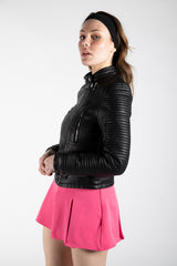 Black Quilted Sleeve Faux Leather Biker Jacket
