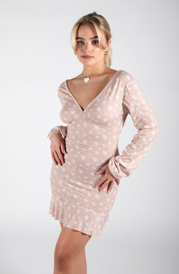 Beige Ditsy Floral Tie Back Frill Hem Dress