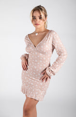 Beige Ditsy Floral Tie Back Frill Hem Dress