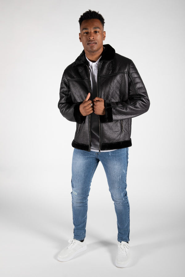 Mens Black Faux Leather Aviator Jacket