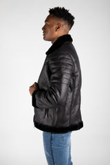 Mens Black Faux Leather Aviator Jacket
