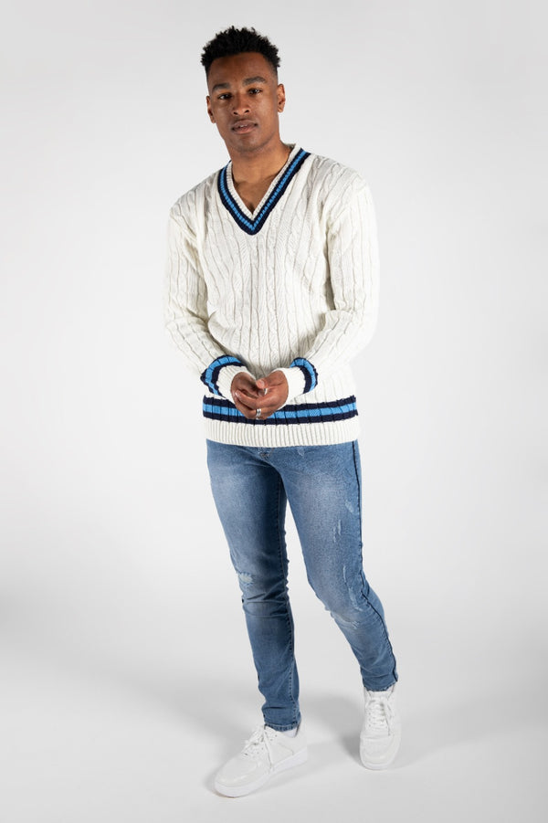 Mens Cream Cable Knitted V Neck Long Sleeve Cricket Jumper