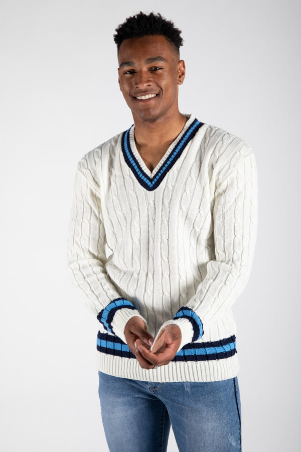 Mens Cream Cable Knitted V Neck Long Sleeve Cricket Jumper