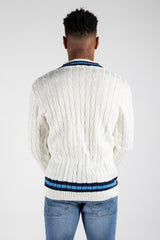Mens Cream Cable Knitted V Neck Long Sleeve Cricket Jumper