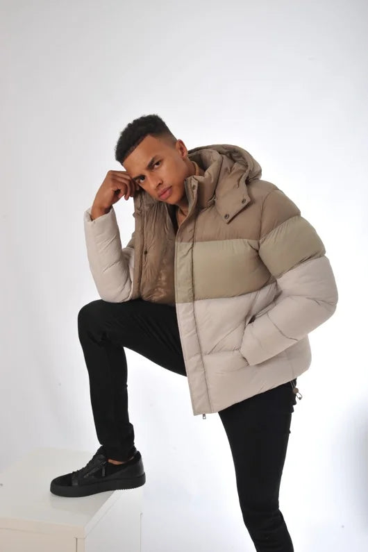 Mens Beige Ombre Puffer Hooded Coat 