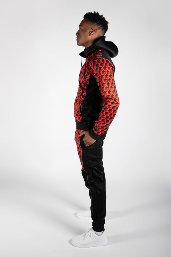 Mens Red With Black Geometric Print Skinny Tracksuit